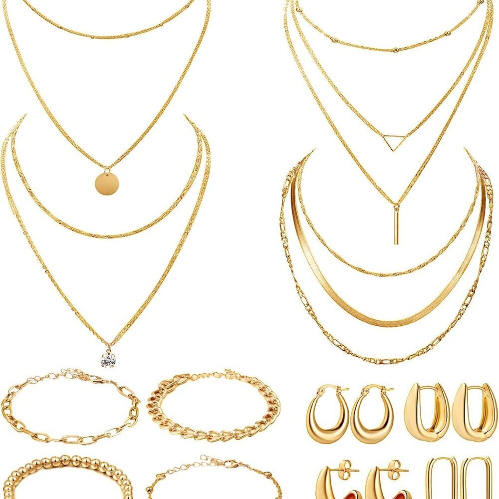 12 Pcs Gold Silver Jewelry Sets for Women Layered Set of Earring Necklace Bracel